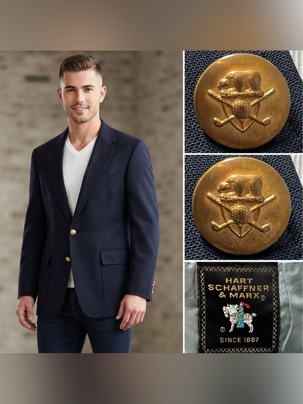 Vintage Hart Schaffner Marx 42L Navy Gold Button Golf Jack Nicklaus Sport Coat